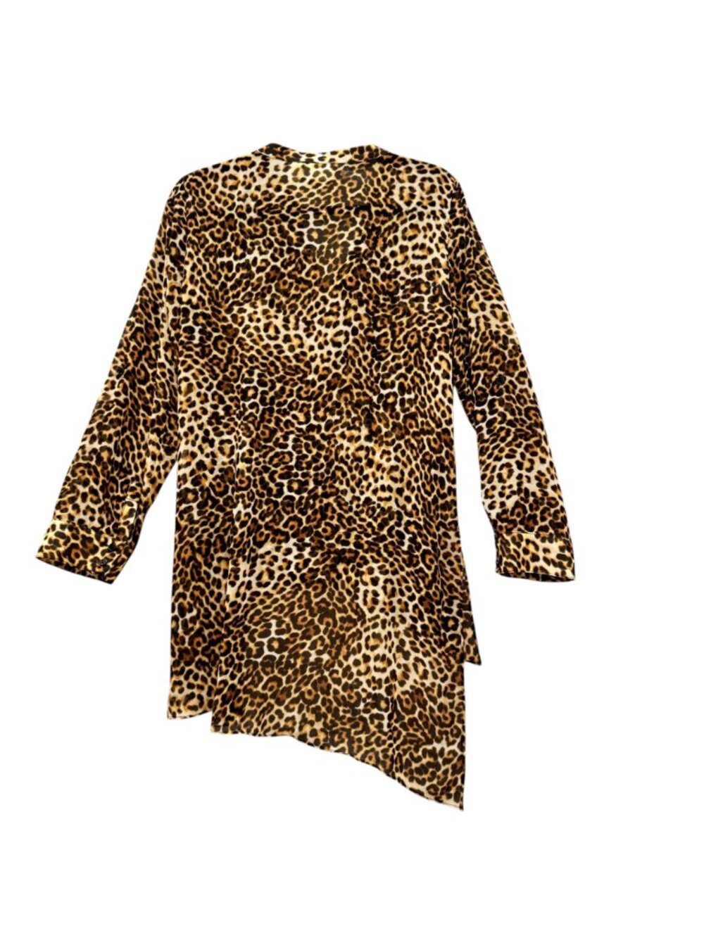 Chico's Leopard Sheer Blouse Cover Up M Tiered Hi-Low Tab Cuffed Sleeves Regency - Picture 4 of 12